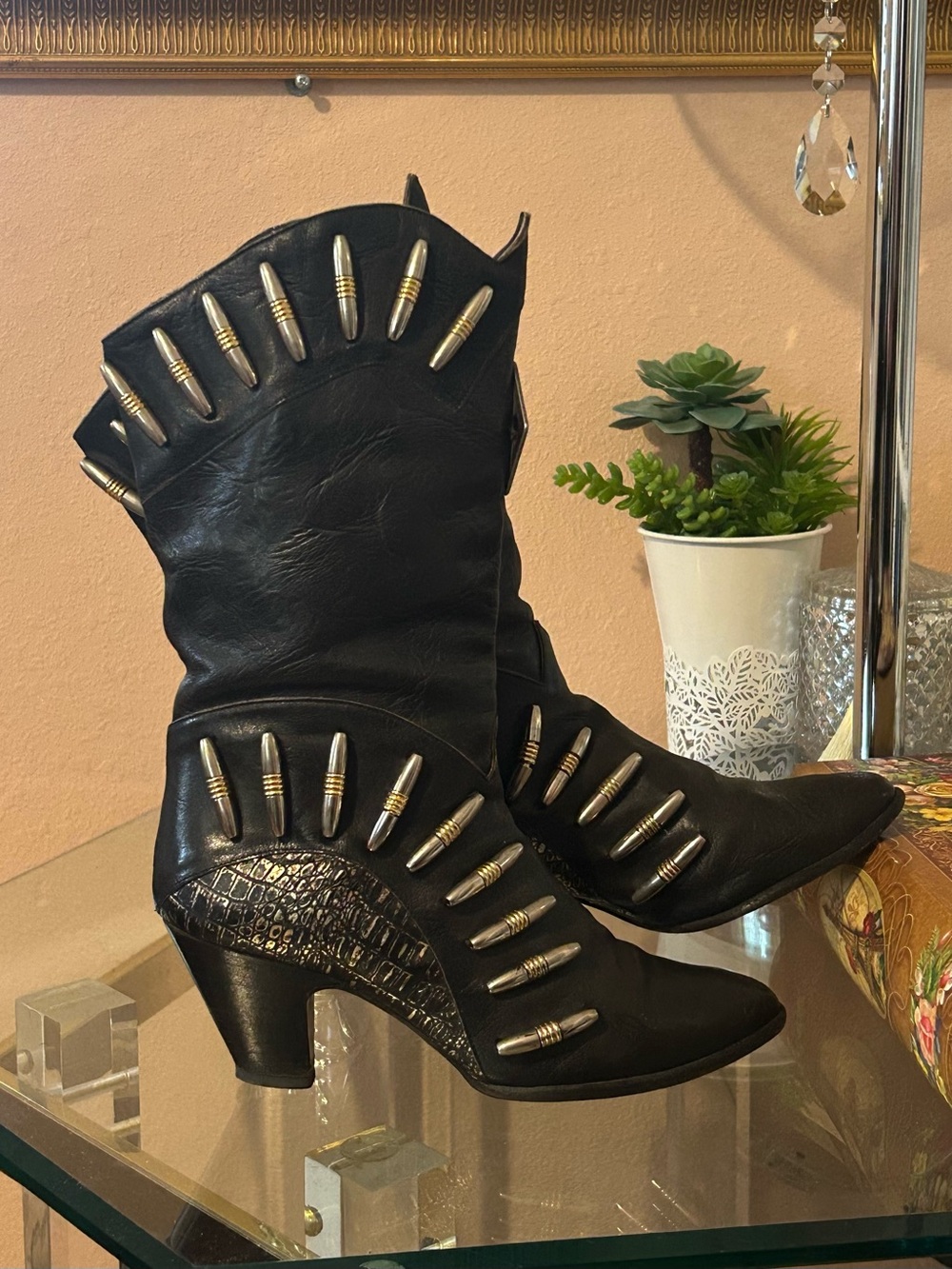 Vintage El Vaquero Black Bullet-Accent Mid-Calf Heeled Boots
